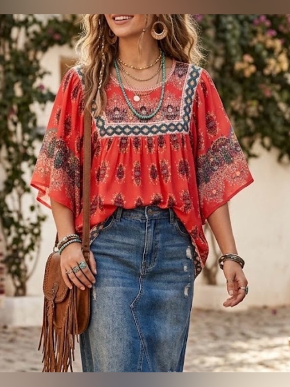 Flying tomato Red Boho Printed Flutter Sleeve Top M boho gypsy lightweight